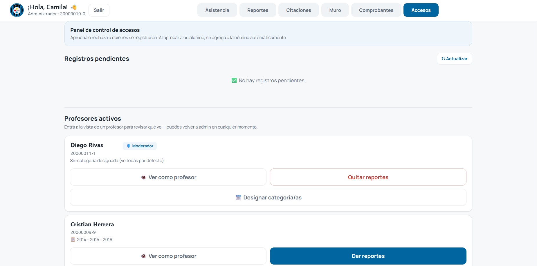 Portal Acereros — panel de accesos del administrador