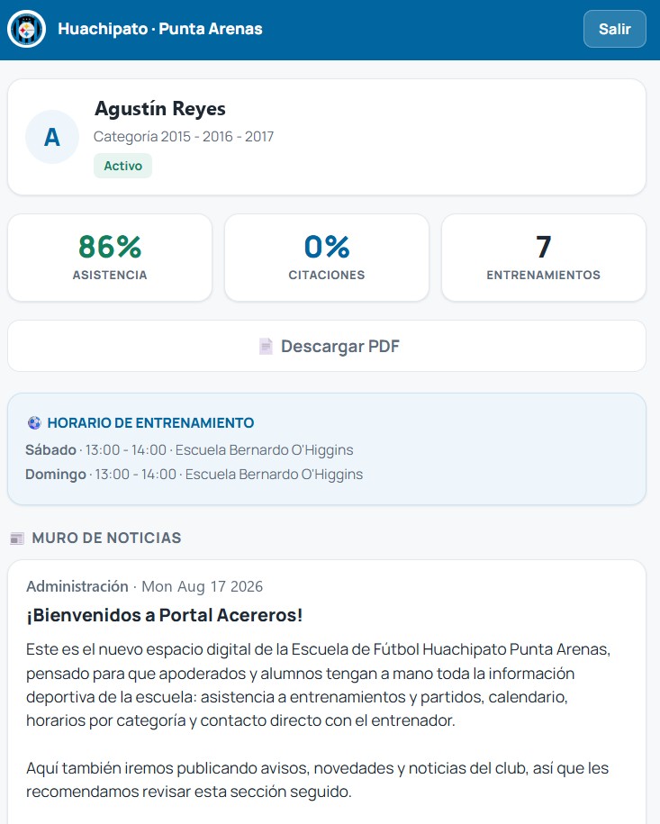 Portal Acereros — resumen del apoderado en el celular