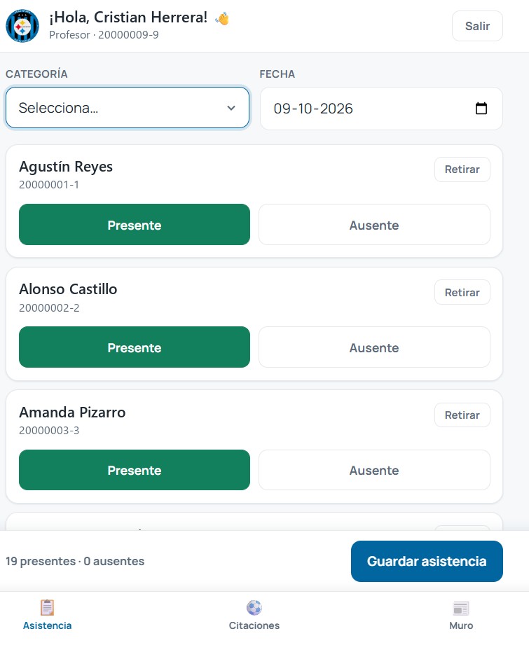 Portal Acereros — toma de asistencia del profesor en el celular
