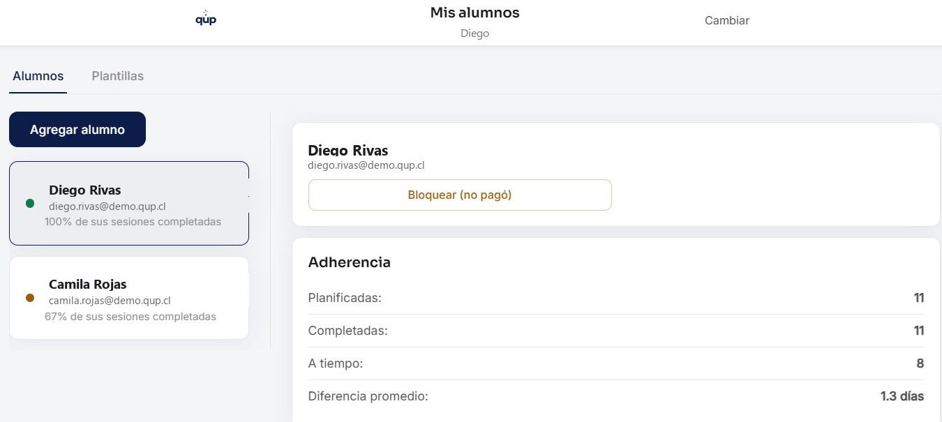 Panel del profesor — lista de alumnos y adherencia