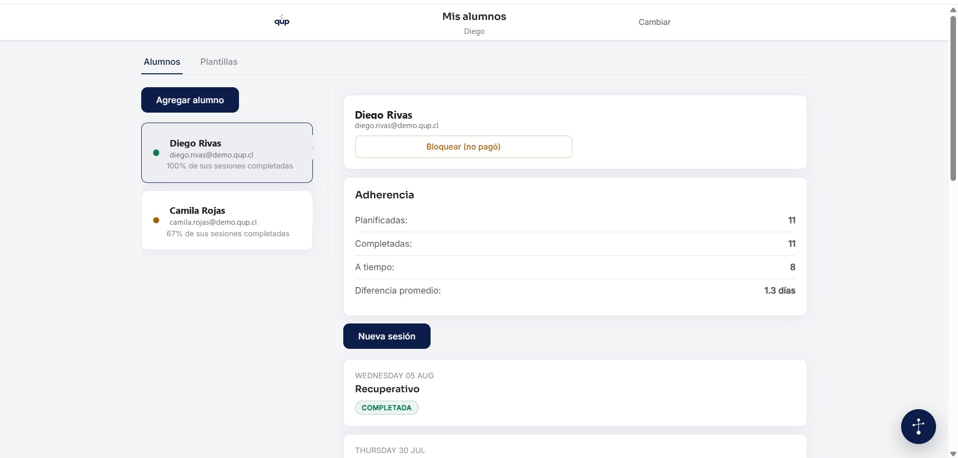 Panel del profesor — lista de alumnos y adherencia