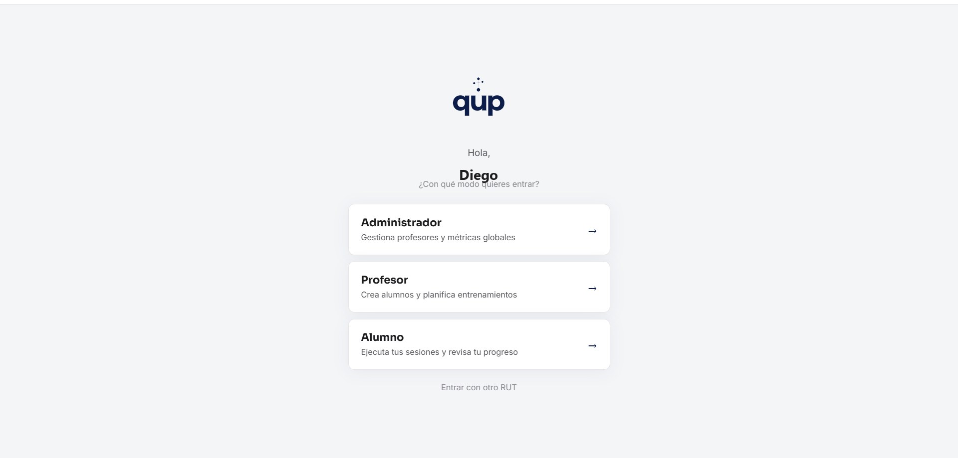 Selección de perfil — Administrador, Profesor o Alumno