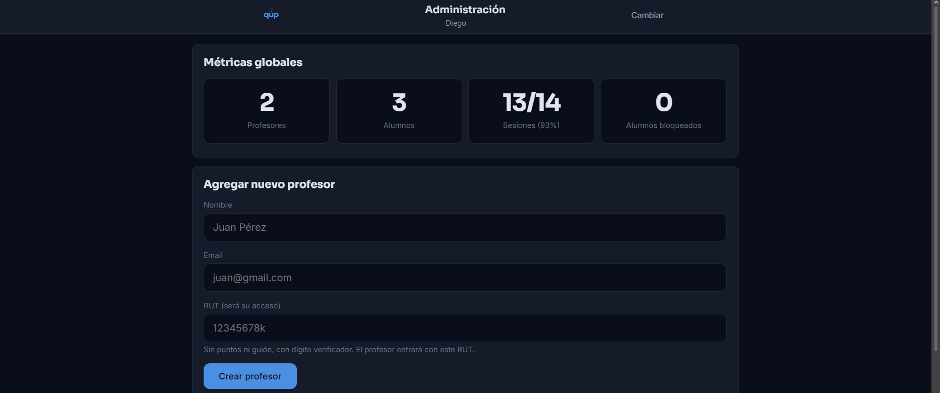 Panel de administración, modo oscuro